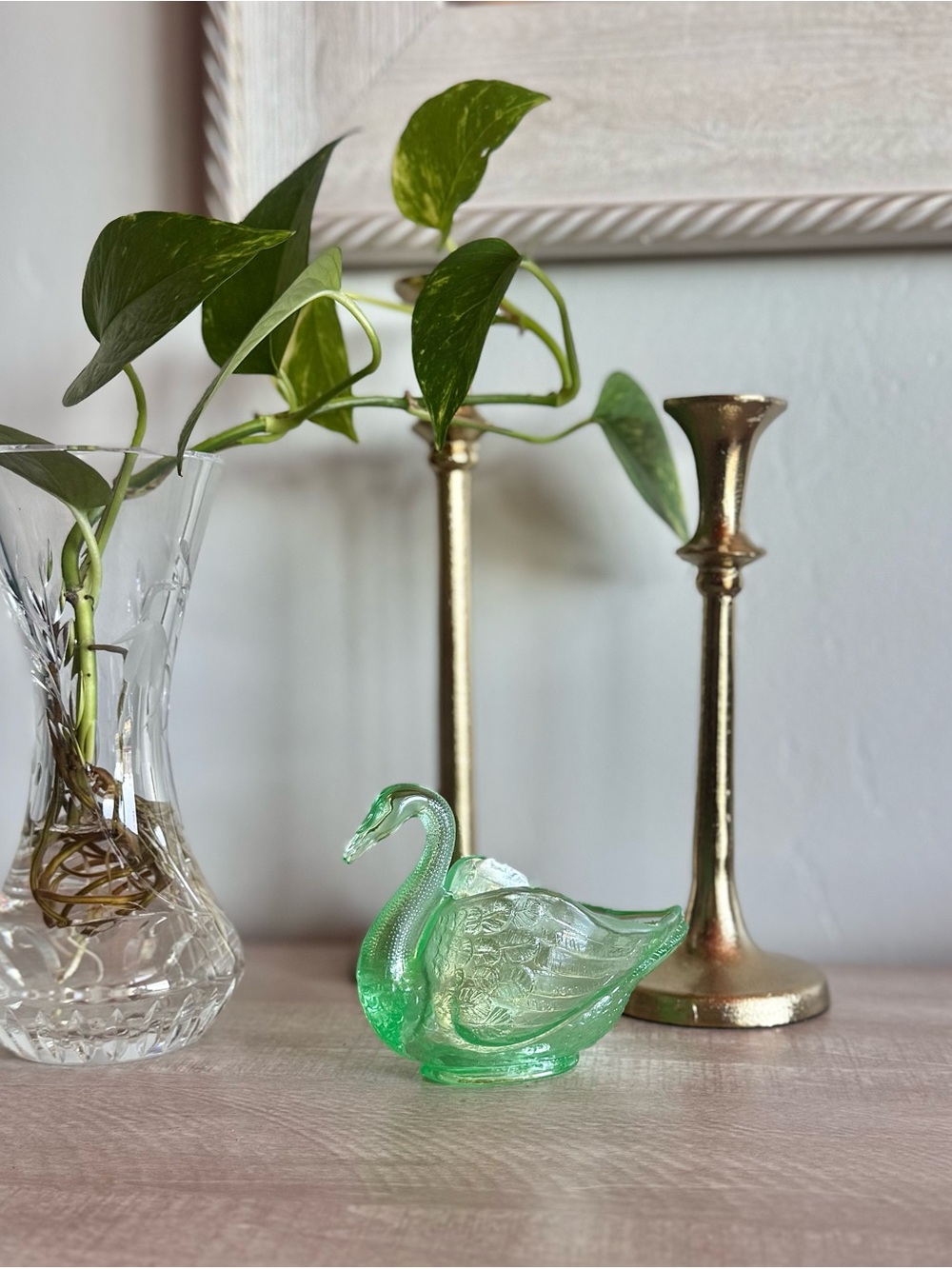 Vintage Fenton Green Glass Swan Candy Dish Bowl